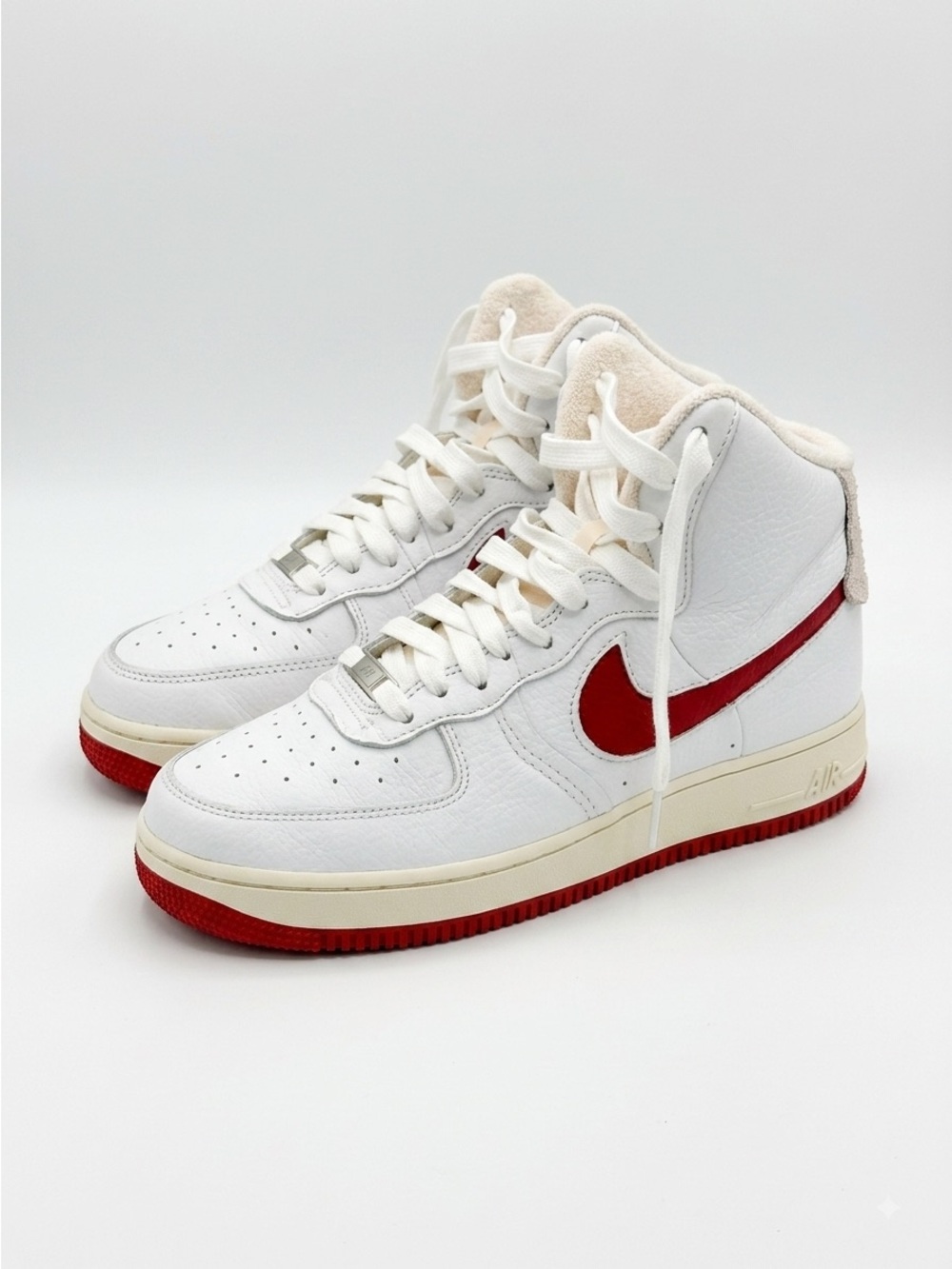 Nike “Dunk High” White and Red High-Top Sneakers